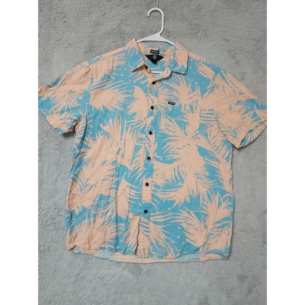 Volcom Shirt Mens Large Modern Fit Palm Print Rayon Blend Hawaiian Surfer Beach - Picture 2 of 9